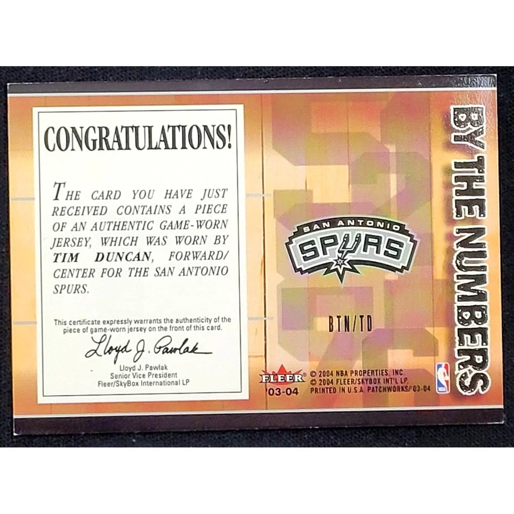 2003-04 FLEER‎ PATCHWORKS TIM DUNCAN BY THE NUMBERS GAME USED JERSEY